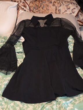Sheer Sleeve Black Collared Mini Dress